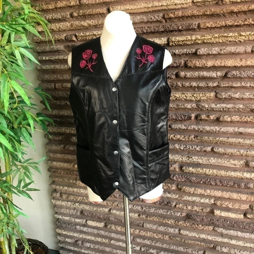 Black Leather Vest with Pink Rose Embroidery - Women's Sleeveless Coat
